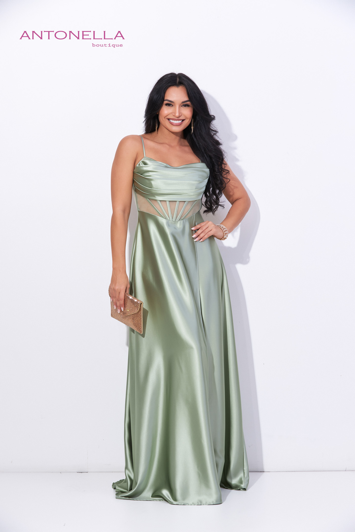 Vestido Gala Olivo Transparencia Satin – foto 1